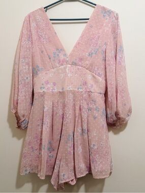 Fairycore Floral Pink Romper with Puff Sleeves and Tie Back, Women’s Small
